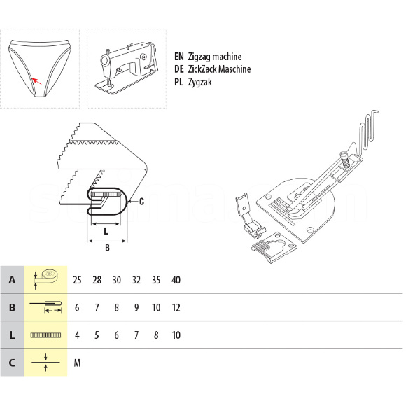 UMA-69, приспособление для окантовки в 4 сложения и вшивания резинки на машине зигзаг