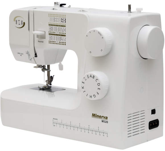 Minerva M320, бытовая швейная машинка с вертикальным челноком и полуавтоматической петлей