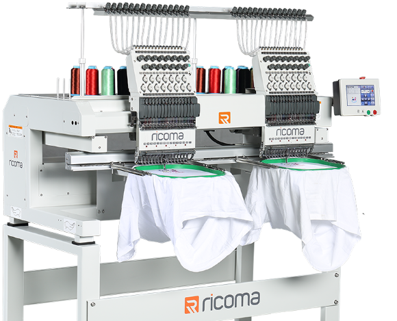 Ricoma MT-1502, двухголовая пятнадцатиигольная промышленная вышивальная машина с верхним креплением пантографа, площадь вышивки 1000 х 360 мм