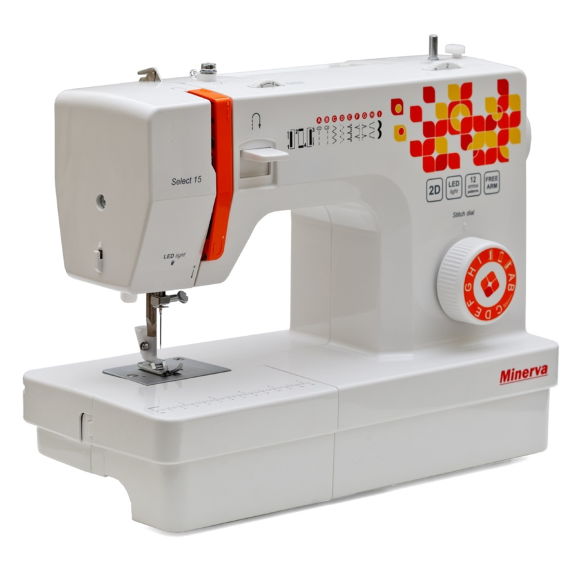 Minerva Select 15, електромеханічна швейна машина з вертикальним човником та напівавтоматичною петлею
