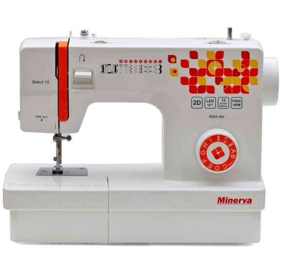 Minerva Select 15, электромеханическая швейная машина с вертикальным челноком и полуавтоматической петлей