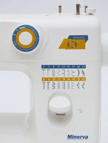 Minerva Extra Plus, швейная машина для дома с вертикальным челноком и полуавтоматической петлей