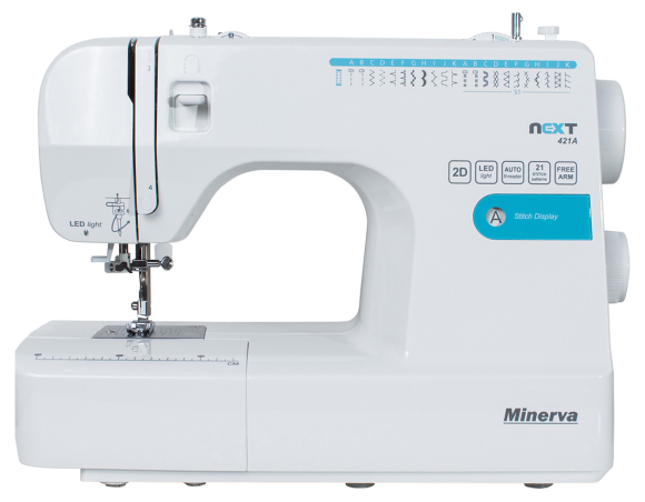Minerva Next 421A, бытовая швейная машина с вертикальным челноком и автоматической петлей Minerva Next 421A, бытовая швейная машина с вертикальным челноком и автоматической петлей