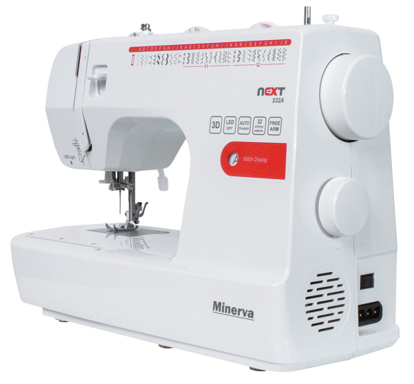 Minerva Next 532A, побутова швейна машина з вертикальним човником та автоматичною петлею
